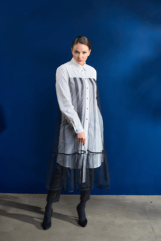 Shirt-dress with mesh overlay