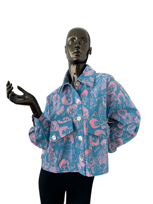 Boxy Design Jacket in Faces Print with long sleeves